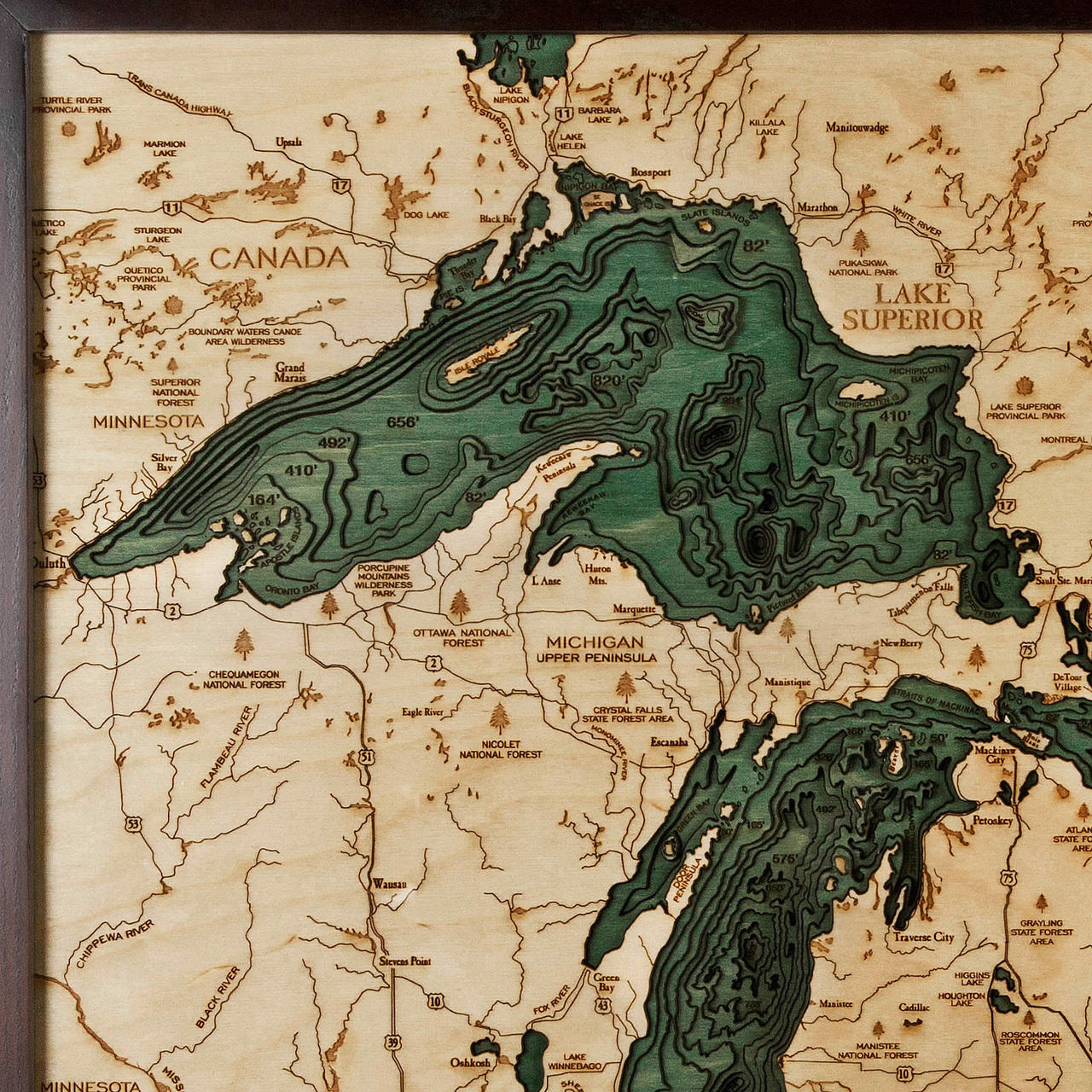 The Great Lakes Wooden Map Art | Topographic 3D Chart