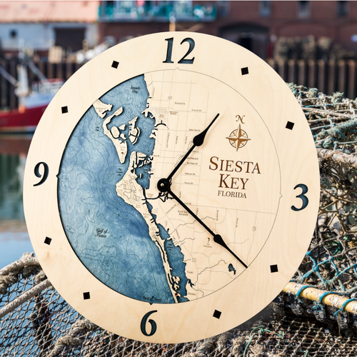 Siesta Key Nautical Topographic Wood Clock - Customizable