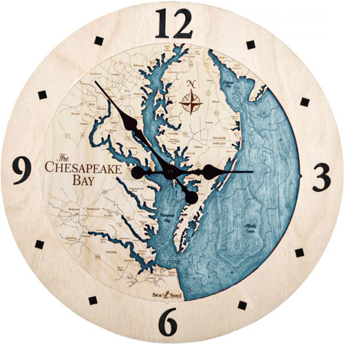 Chesapeake Bay Nautical Topographic Wood Clock - Customizable Chesapeake Bay Nautical Topographic Wood Clock - Customizable