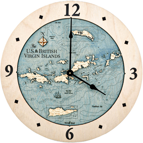 Virgin Islands Nautical Topographic Wood Clock - Customizable Virgin Islands Nautical Topographic Wood Clock - Customizable