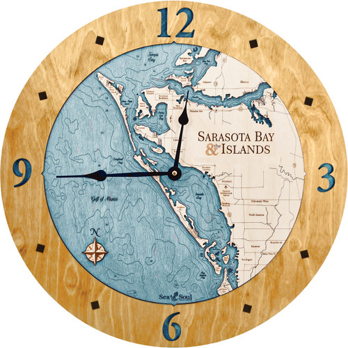 Sarasota Bay & The Islands Nautical Topographic Wood Clock - Customizable