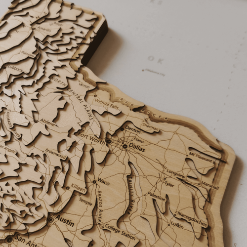 Texas 3D Topographic Wood Map