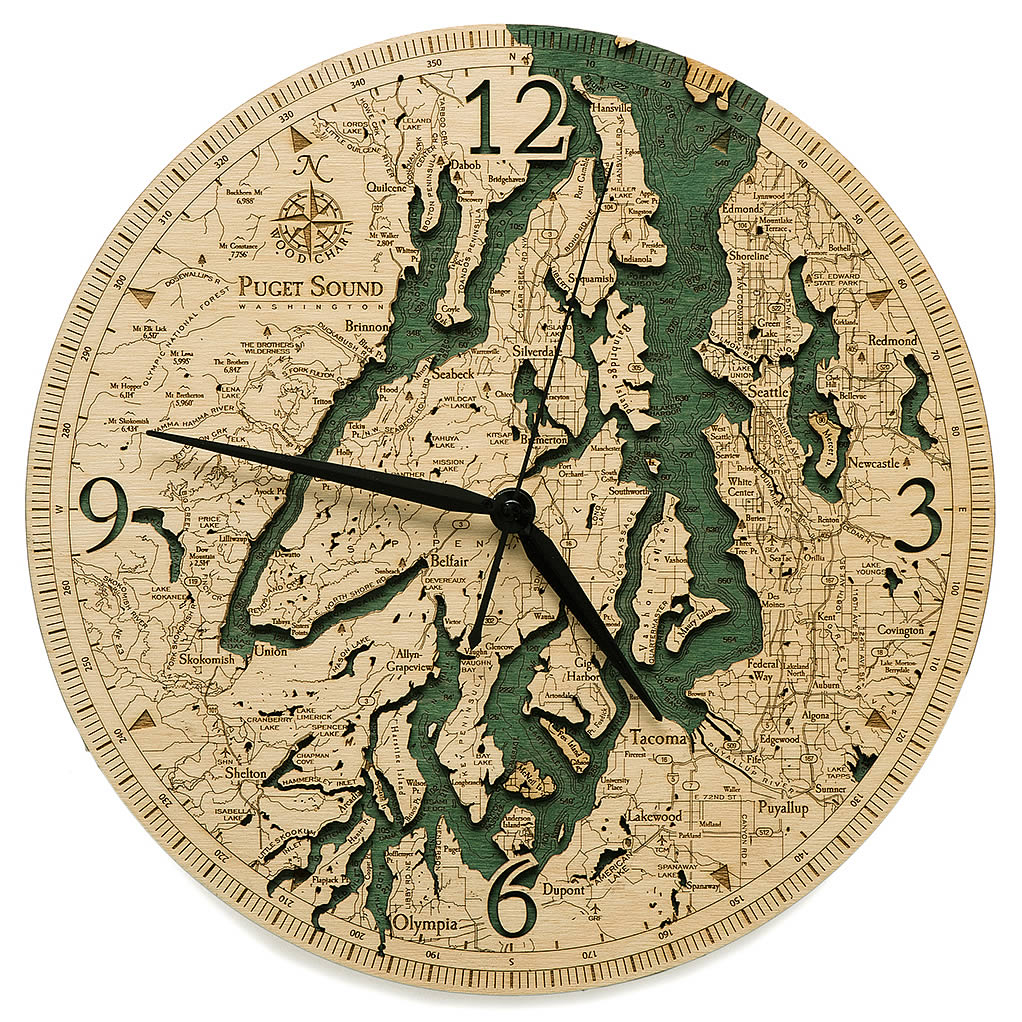 Puget Sound WA Wooden Wall Clock | Nautical 3D Chart