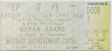 Bryan Adams - A Night To Remember 1997 Vintage Concert Ticket