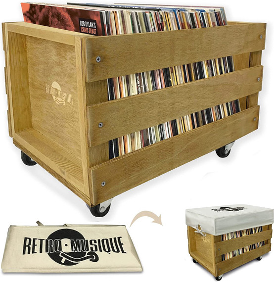 Retro Musique - Wooden Vinyl Record Storage Crate With Canvas Dustcover (Teak)