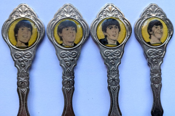Beatles - Vintage Set of 4 Tea Spoons W/  Portrait Ends (Yellow Background)