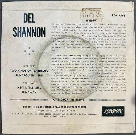 Del Shannon – Two Kinds Of Teardrops 7" EP Vinyl (Used)