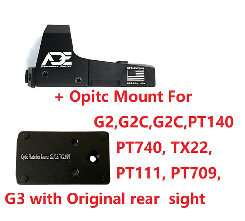 Ade Advanced Optics RD3-006 Green Dot Sight + Optic Mounting Plate for Taurus PT111 G2, Millennium G2, G2C, G3 with Original Rear Sight, PT140 G2, PT709, PT740, TX22 + Pictinny Plate