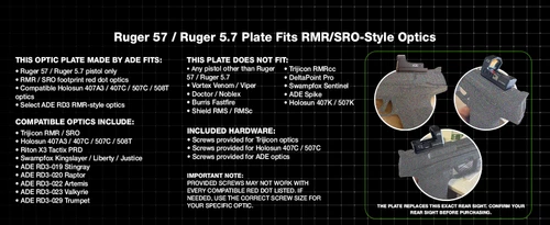 Optic Mounting Plate for Ruger 57/ Ruger 5.7 - Compatible with Trijicon RMR/SRO, Holosun 407A3/407C/507C/508T, Riton X3 Tactix PRD, Swampox Kingslayer/Liberty/Justice, RD3-019 Stingray, ADE RD3-020 Raptor, RD3-022 Artemis, RD3-023 Valkyrie, RD3-029 