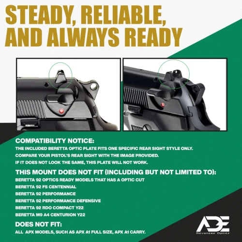 Ade Advanced Optics RD3-015 Zantitium RED Dot Reflex Sight Pistol + Optic Plate for Beretta M9 22LR/92FS/92AF/M9/SAR B6C