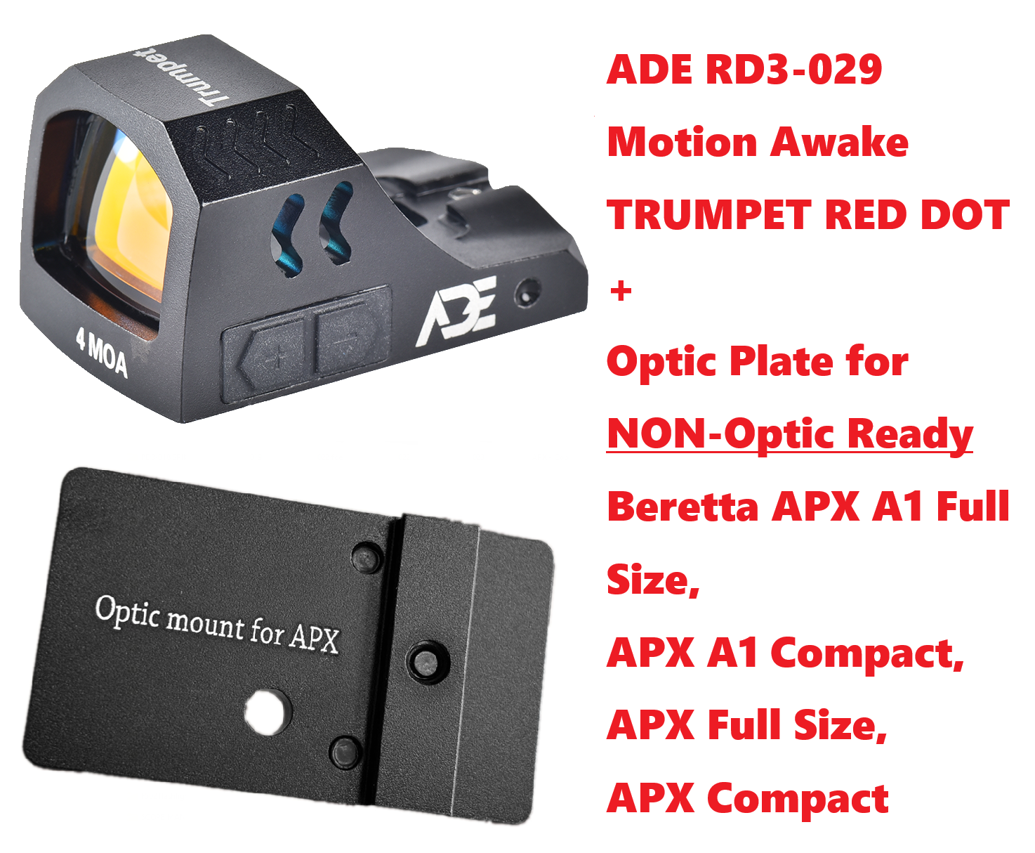 ADE RD3-029 Trumpet Shake Awake GREEN Dot Sight + Optic Plate for
