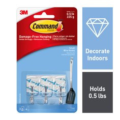 Command Small Clear Wire Hooks with Clear Strips 17067CLR-ES -  3 Small Wire Hooks -  4 Clear Strips