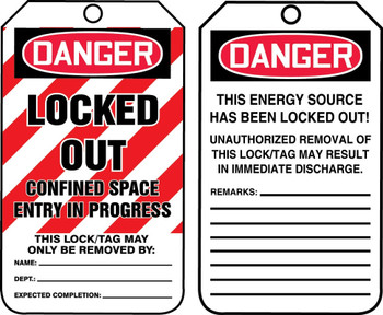 OSHA Danger Safety Tag: Locked Out - Confined Space Entry In Progress RP-Plastic 5/Pack - MLT430PTM