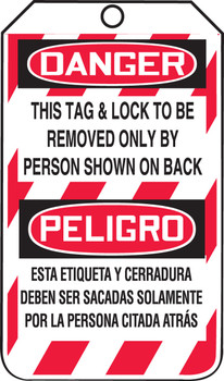 Spanish Bilingual OSHA Danger Lockout Tag: This Tag & Lock To Be Removed Only By Person Shown On Back Bilingual - Spanish/English PF-Cardstock 5/Pack - MSPT505CTM