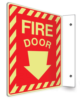Glow-In-The-Dark Projection Safety Sign: Fire Door (Down Arrow) 90D 12" x 9" Panel .100 PETG Lumi-Glow Plastic 1/Each - PSP434