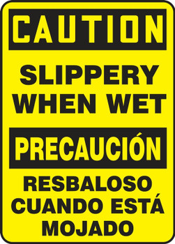 Bilingual Contractor Preferred OSHA Caution Safety Sign: Slippery When Wet 10" x 14" Adhesive Vinyl (3.5 mil) 1/Each - SBESTF642CS