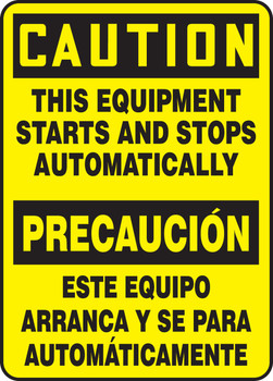 Bilingual OSHA Caution Safety Sign: This Equipment Starts And Stops Automatically 14" x 10" Dura-Plastic 1/Each - SBMEQM630XT