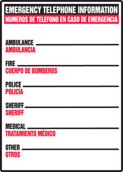 Bilingual Safety Sign: Emergency Telephone Information 14" x 10" Adhesive Vinyl 1/Each - SBMFSD553VS