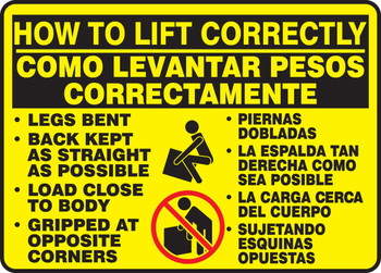 Bilingual Safety Sign: How To Lift Correctly 10" x 14" Dura-Plastic 1/Each - SBMGSH501XT