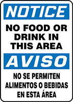 Spanish Bilingual OSHA Notice Safety Sign: No Food Or Drink In This Area 20" x 14" Plastic 1/Each - SBMHSK844VP