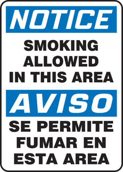 Bilingual OSHA Notice Safety Sign: Smoking Allowed In This Area 14" x 10" Plastic 1/Each - SBMSMK806VP