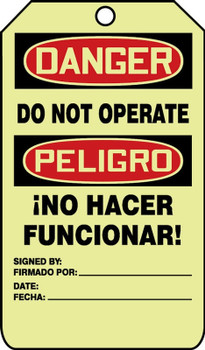 Glow Bilingual OSHA Danger Safety Tag: Do Not Operate 5" x 3" 10/Pack - SBTAW118