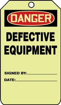 Glow OSHA Danger Safety Tag: Defective Equipment 5" x 3" 10/Pack - TAW112
