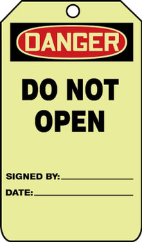 Glow OSHA Danger Safety Tag: Do Not Open 5" x 3" 10/Pack - TAW119