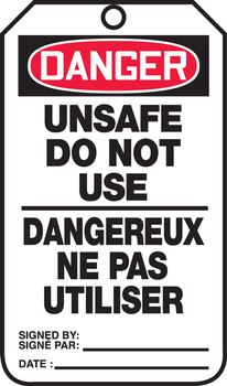 Bilingual OSHA Danger Safety Tag: Unsafe - Do Not Use RP-Plastic 5/Pack - TCF166PTM