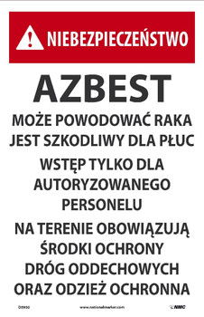 Danger: (Polish Translation) Asbestos  -Polish -17X11 -Paper - 100/Pk - D5950
