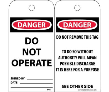 Tags - Danger: Do Not Operate - 6X3 - Polytag - Box Of 250 - RPT1ST250