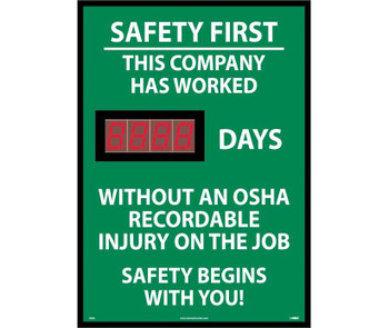 Digital Scoreboard - Safety First This Company Has Worked XXX Days Without An Osha Recordable Injury On The Job Safety Begins With You - 28X20 - .085 Styrene - DSB5