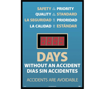 Digital Scoreboard - Safety Is The Priority - Quality Is The Standard - La Seguridad Is The Prioridad - La Chalidad Is The Estandar - Days Without An Accident - Bilingual - 28X20 - .085 Styrene - DSB54