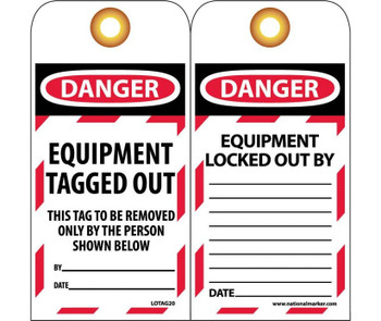 Tags - Lockout - Danger: Equipment Tagged Out  - 6X3 - Unrip Vinyl Grommet Pack Of 10 - LOTAG20