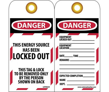 Tags - Lockout - Danger: This Energy Source Has Been Locked Out - 6X3 - Unrip Vinyl Grommet Pack Of 10 - LOTAG24