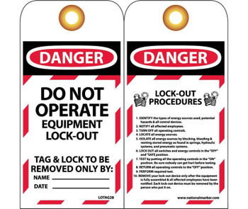 Tags - Lockout - Danger: Do Not Operate - 6X3 - Unrip Vinyl Grommet Pack Of 10 - LOTAG28