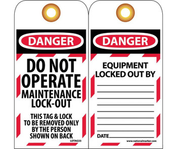 Tags - Lockout - Danger: Do Not Operate Maintenance Lock-Out - 6X3 - Unrip Vinyl - Grommet 10 Pk - LOTAG33