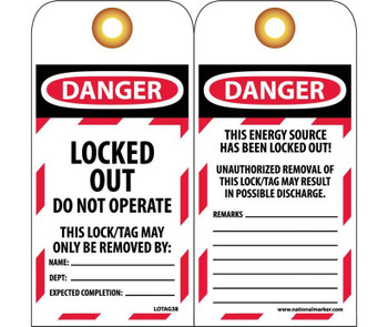 Tag - Danger: Locked Out -Do Not Operate - 6X3 - Unrip Vinyl - Pack of 25 Grommet - LOTAG38-25