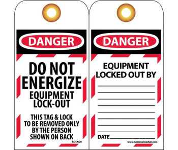 Tags - Lockout - Do Not Energize Equipment Lock Out - 6X3 - Unrip Vinyl - Pack of 25 Grommet - LOTAG8-25