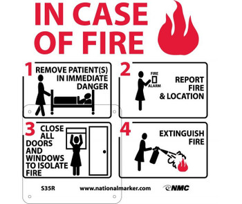 In Case Of Fire Instructions For Hospital (W/ Graphic) - 7X7 - Rigid Plastic - S35R