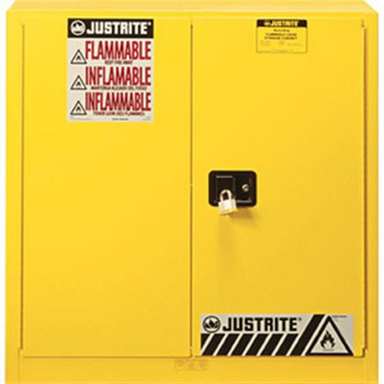 Justrite Sure-Grip EX Safety Cabinets w/ Manual Doors, 40 gal, 44"H x 43"W x 18"D, 3 Shelves (Combustibles), Yellow, 1/Each - 893010