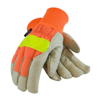 PIP Top Grain Pigskin Leather Palm Glove with Hi-Vis Nylon Back and 3M Thinsulate Liner - Knitwrist - 125-448