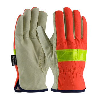 PIP Top Grain Pigskin Leather Palm Drivers Glove with Hi-Vis Nylon Back and 3M Thinsulate Liner - Open Cuff - 125-468