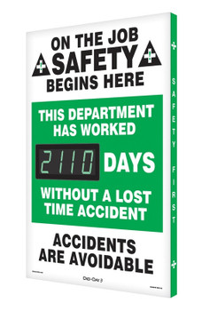 Digi-Day 3 Electronic Safety Scoreboards: This Department Has Worked _Days Without a Lost Time Accident Spanish 28" x 20" Aluminum Face 1/Each - SHSCK110