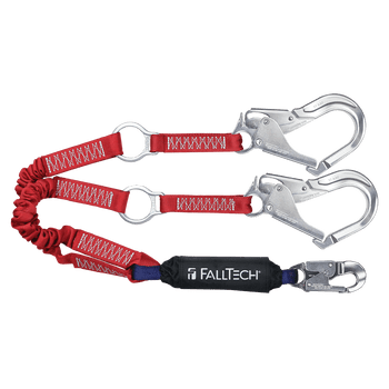 FallTech 6' Ironman 12' free fall Elasticated Energy Absorbing Lanyard Double-leg with Aluminum Connectors and Rescue D-rings - 8247EY3AR