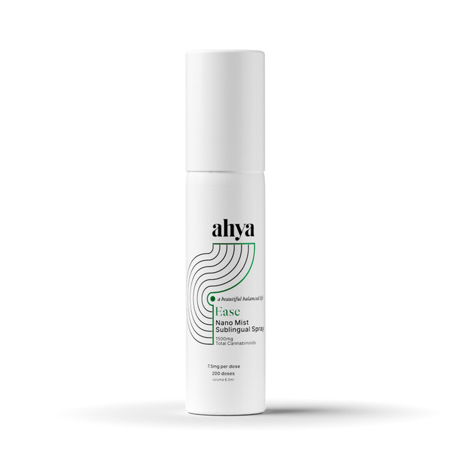 Hero shot of Ahya's Ease Nano Mist Sublingual Spray. Ease is an innovative delivery system to accurately dose Ahya's micelle heirloom hemp oil along with other beneficial ingredients including 5-HTP, Niacin and other vitamins and minerals.