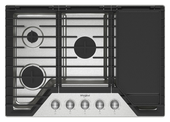 Whirlpool® Table de cuisson au gaz avec grille à charnière 2 en 1 convertible en plaque chauffante, 30 po WCGK7530PS