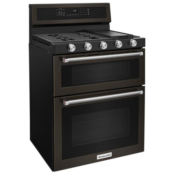 Kitchenaid® Cuisinière au gaz à four double à convection et 5 brûleurs - 30 po KFGD500EBS