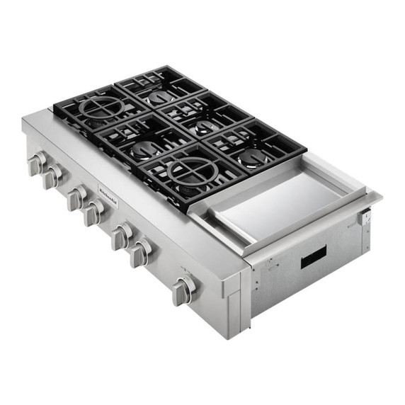 Kitchenaid® Table de cuisson commerciale au gaz avec 6 brûleurs et plaque chauffante - 48 po KCGC558JSS