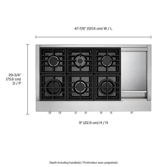 Kitchenaid® Table de cuisson commerciale au gaz avec 6 brûleurs et plaque chauffante - 48 po KCGC558JSS